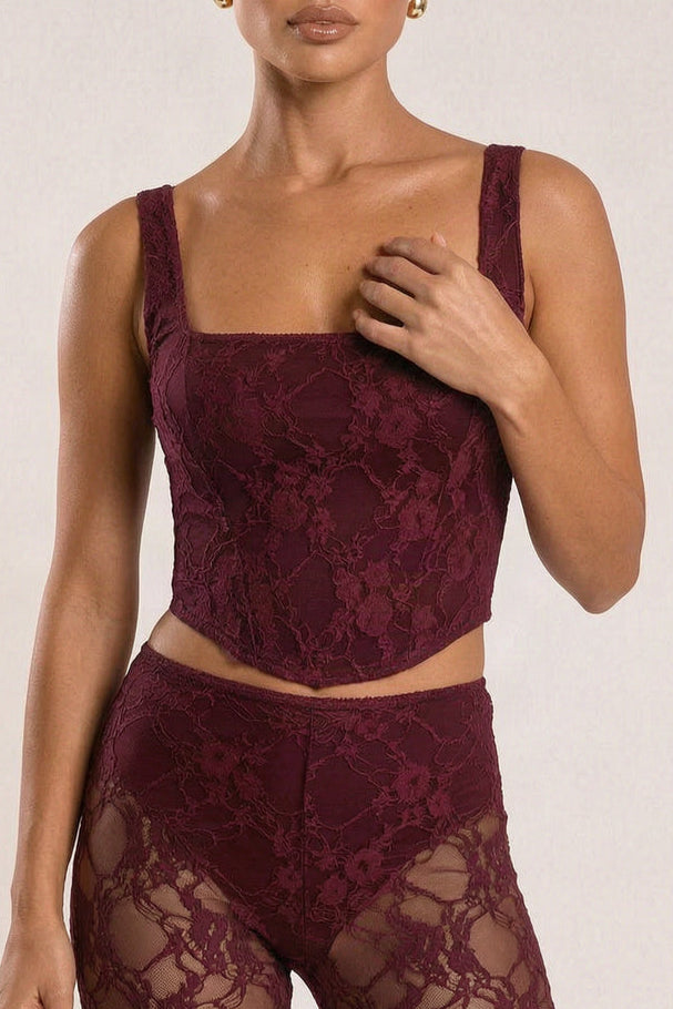 Wine Lace Corset and Capri Pants Co-ord Set - Cammie