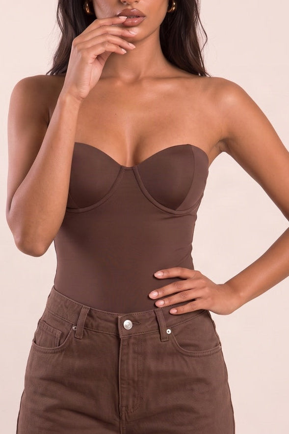 Chocolate Slinky Strapless Padded Bodysuit - Shari
