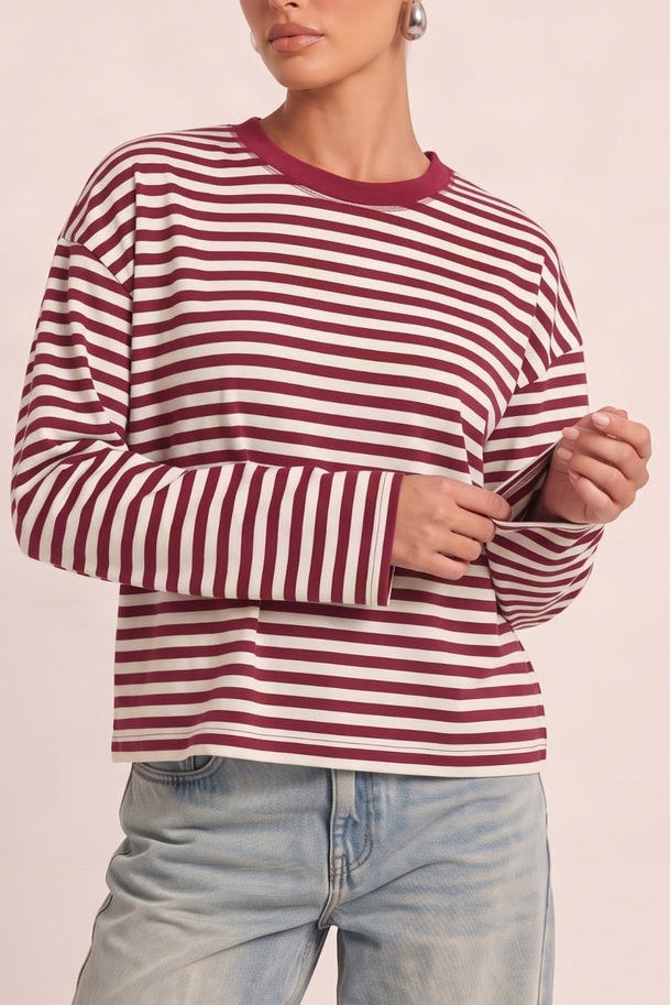 Wine Stripe Drop Shoulder Oversized Stripe Top - Cleopatra