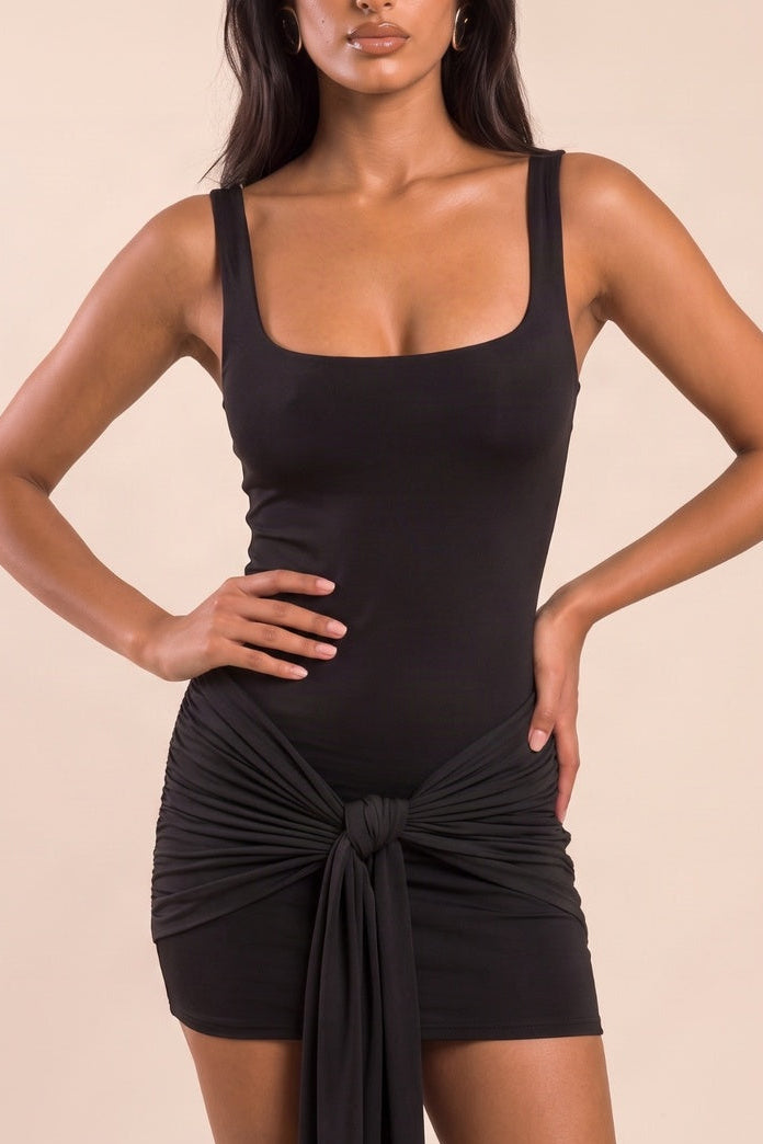 Black Square Neck Tie Front Mini Dress - Mylene