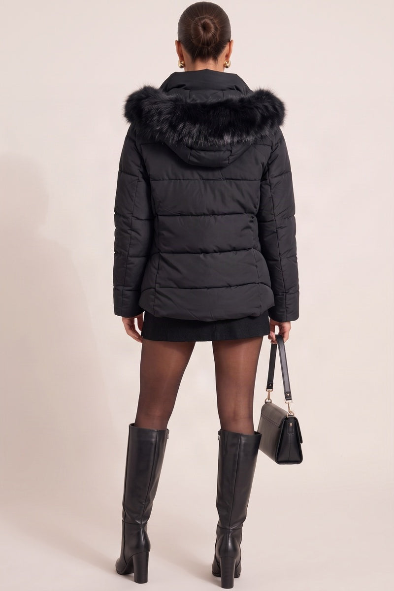 Black Detachable Faux Fur Trim Hooded Longline Puffer Coat - Emily