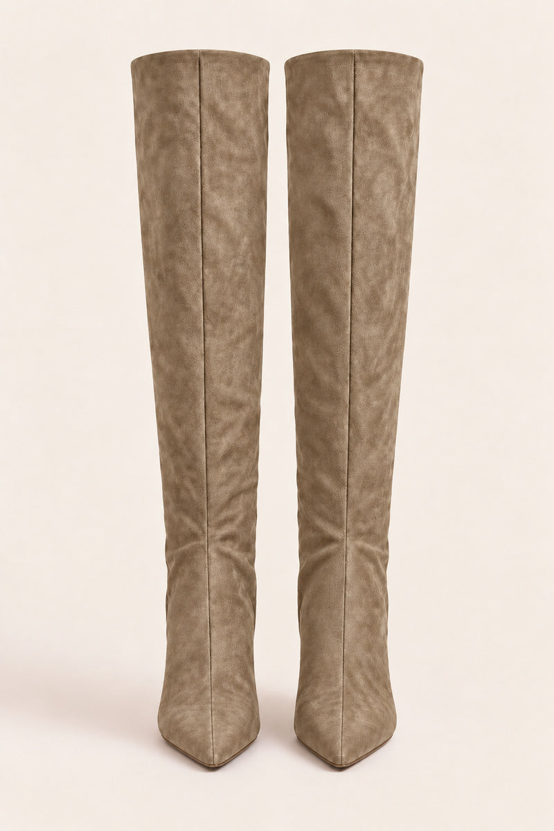 Taupe Faux Suede Stiletto Knee High Boots - Lexi