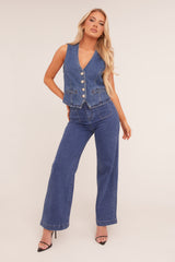 Mid Blue Button Up Denim Waistcoat - Angelica