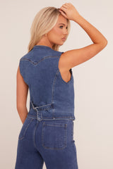 Mid Blue Button Up Denim Waistcoat - Angelica