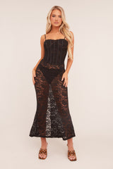 Black Lace Sheer Corset Detail Maxi Dress - Charmaine