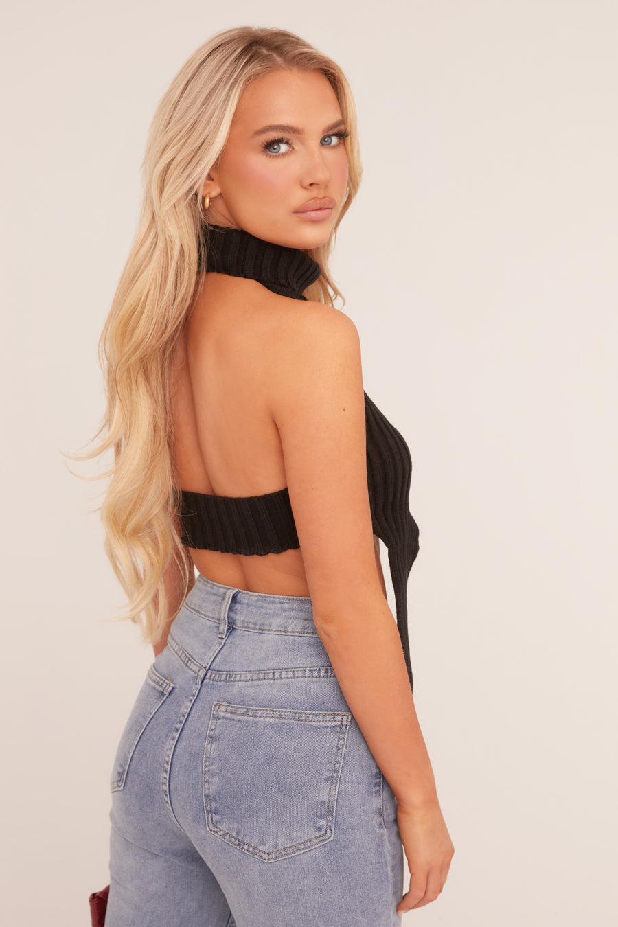 Black Knit High Neck Backless Top - Opal