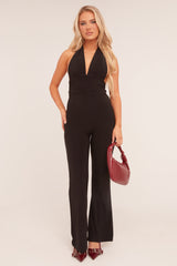 Black Plunge Halter Neck Flared Jumpsuit - Brielle