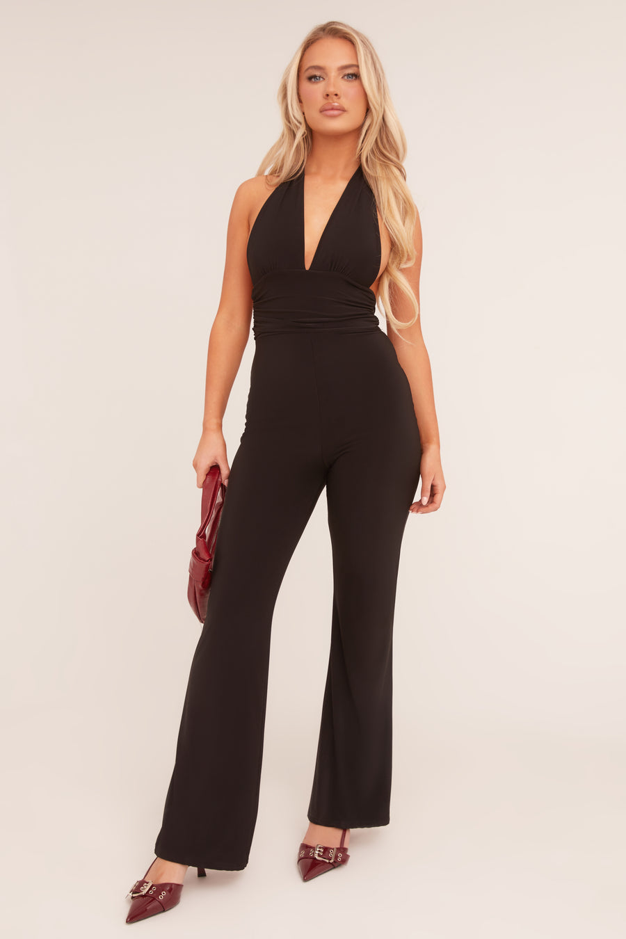 Black Plunge Halter Neck Flared Jumpsuit - Brielle