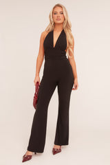 Black Plunge Halter Neck Flared Jumpsuit - Brielle