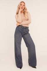 Dark Blue Pocket Detail Wide Leg Jeans - Elena