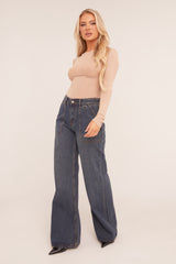 Dark Blue Pocket Detail Wide Leg Jeans - Elena