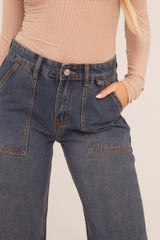 Dark Blue Pocket Detail Wide Leg Jeans - Elena
