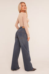 Dark Blue Pocket Detail Wide Leg Jeans - Elena