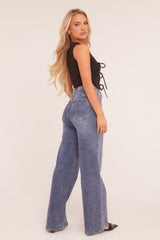 Mid Blue Stretch High Waist Wide Leg Jeans - Avalon