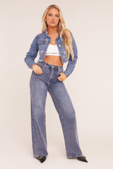 Mid Blue Distressed Frayed Hem Denim Jacket - Indiana