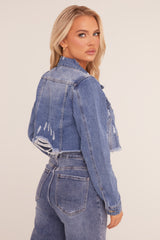 Mid Blue Distressed Frayed Hem Denim Jacket - Indiana