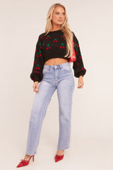 Black Cherry Print Cropped Jumper - Emaline