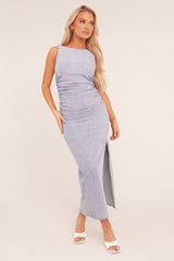 Light Blue Stretch Denim Ruched Side Slit Maxi Dress - Ashleigh