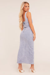 Light Blue Stretch Denim Ruched Side Slit Maxi Dress - Ashleigh