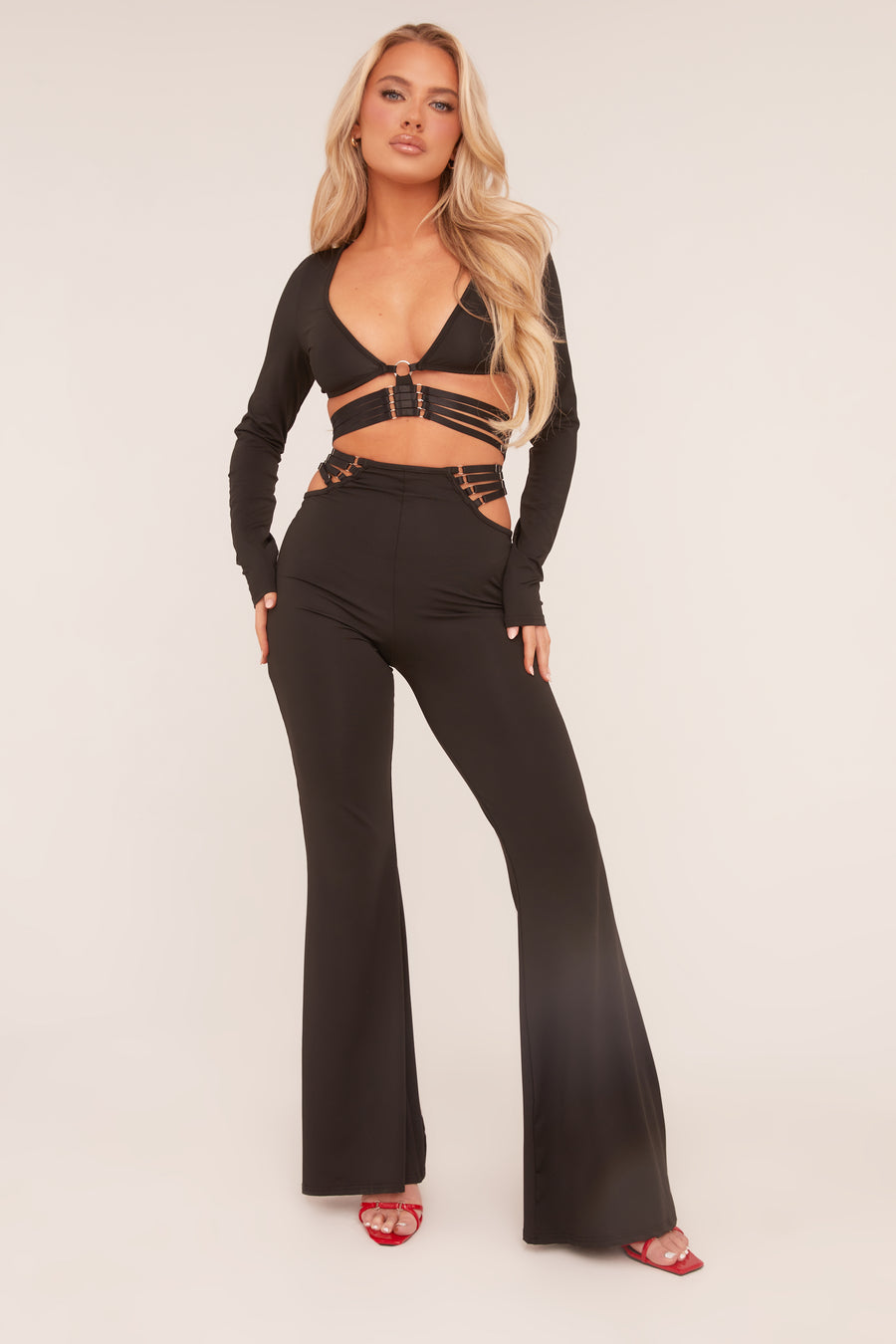 Black Strap Detail Cropped Top & Kick Flare Trouser Co-ord Set - Jemima