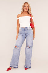 Light Blue Stretch Distressed Wide Leg Jeans - Bluebell