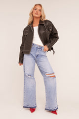 Black Faux Leather Pocket Detail Biker Jacket - Evelyn