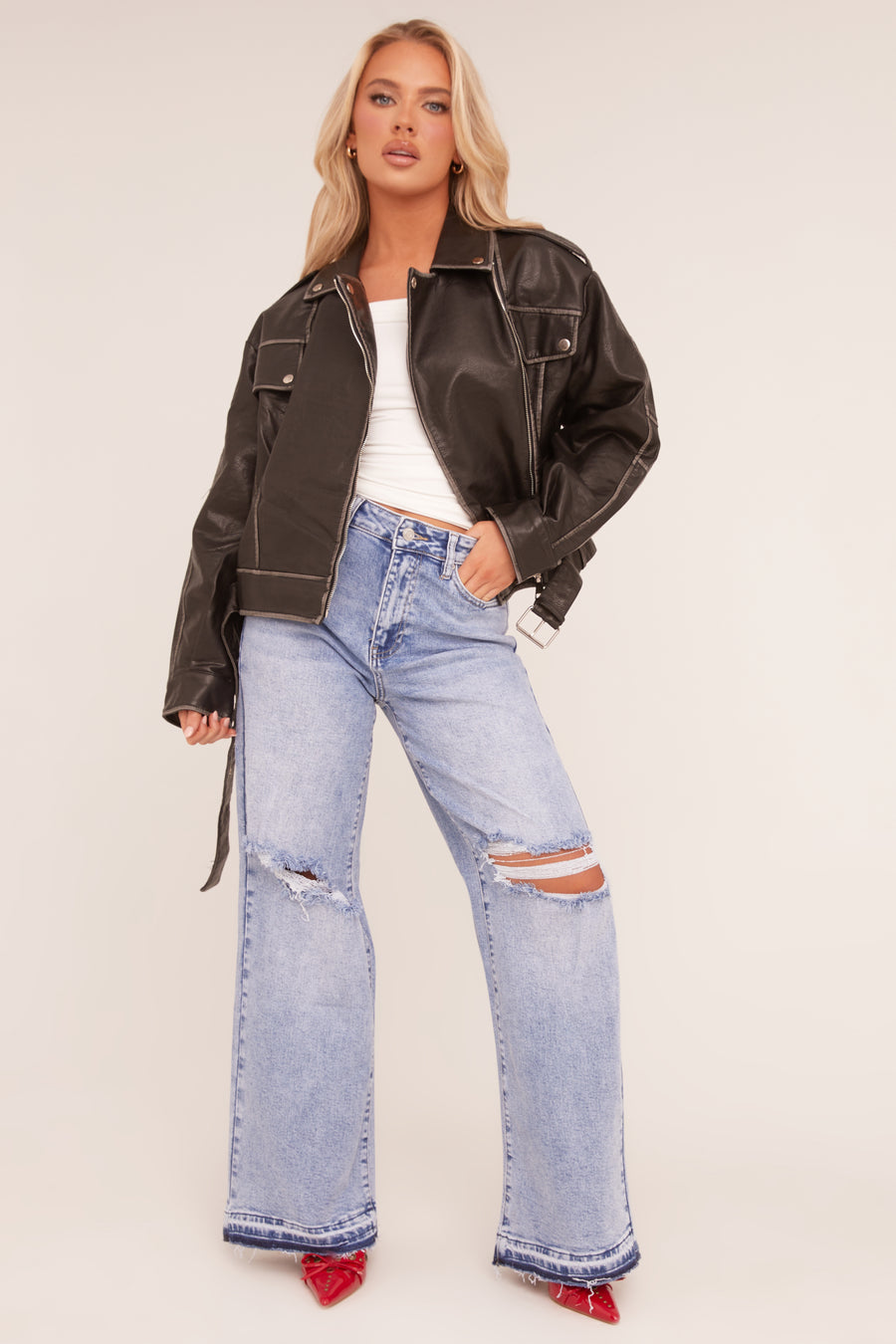 Black Faux Leather Pocket Detail Biker Jacket - Evelyn