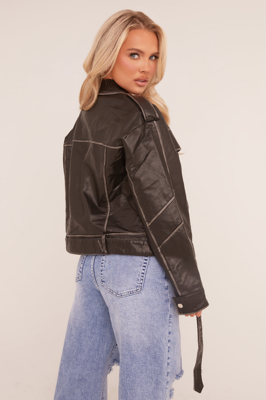 Black Faux Leather Pocket Detail Biker Jacket - Evelyn