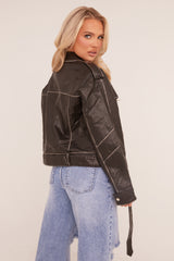 Black Faux Leather Pocket Detail Biker Jacket - Evelyn