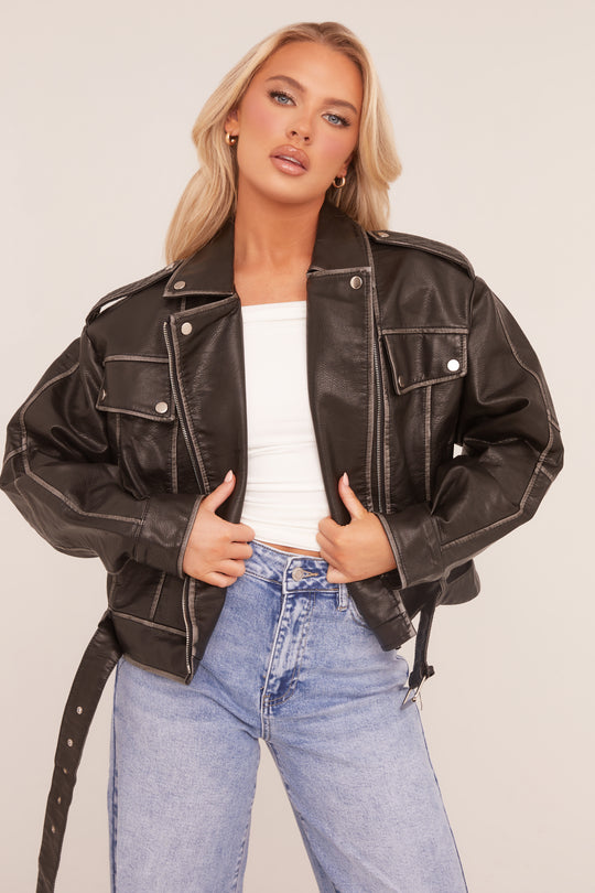Black Faux Leather Pocket Detail Biker Jacket - Evelyn