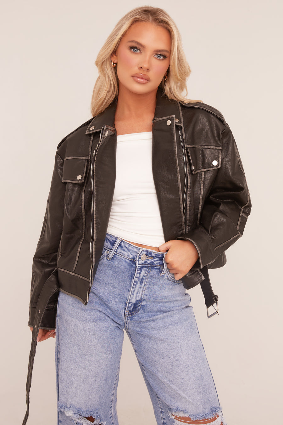 Black Faux Leather Pocket Detail Biker Jacket - Evelyn