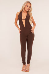 Brown Plunge Halter Neck Jumpsuit - Liliana