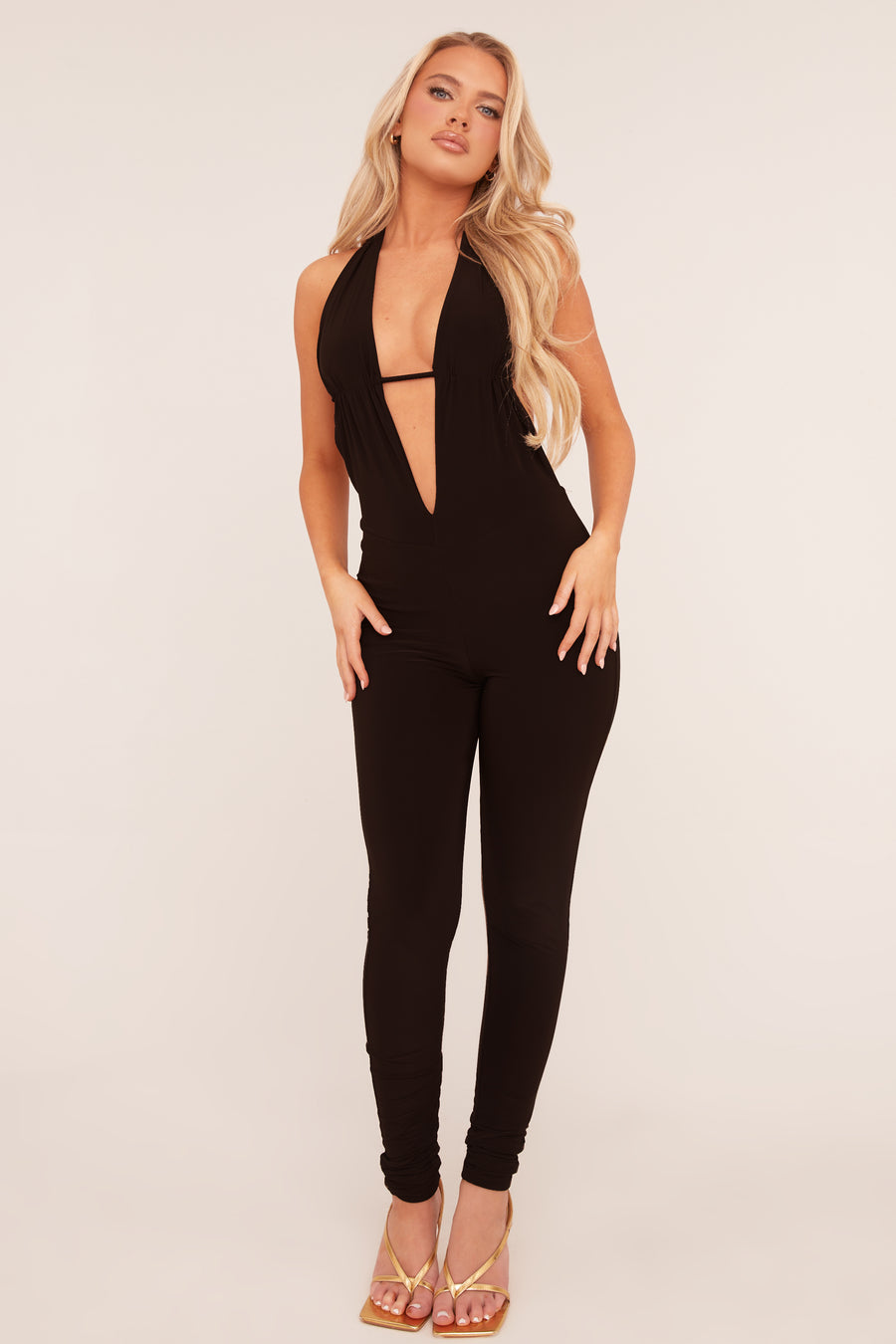 Black Plunge Halter Neck Jumpsuit - Liliana