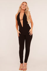 Black Plunge Halter Neck Jumpsuit - Liliana