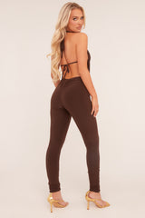 Brown Plunge Halter Neck Jumpsuit - Liliana