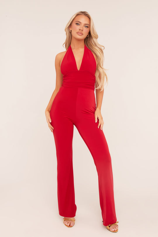 Red Plunge Halter Neck Flared Jumpsuit - Brielle