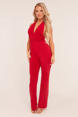 Red Plunge Halter Neck Flared Jumpsuit - Brielle