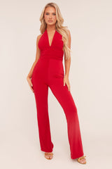 Red Plunge Halter Neck Flared Jumpsuit - Brielle