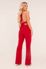 Red Plunge Halter Neck Flared Jumpsuit - Brielle