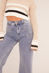 Light Blue Stretch Pocket Detail Straight Leg Jeans - Aubrey