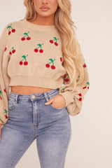 Beige Cherry Print Cropped Jumper - Emaline