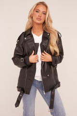 Black Faux Leather Longline Biker Jacket Jackets Rebellious Fashion