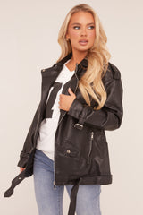 Black Faux Leather Longline Biker Jacket - Billie
