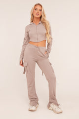 Grey Zip Front Hoodie & Cargo Joggers Loungewear Co-ord Set - Saina