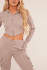 Grey Zip Front Hoodie & Cargo Joggers Loungewear Co-ord Set - Saina