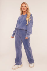 Blue Acid Wash Bomber and Wide Leg Jogger Loungewear Co-ord Set - Macay