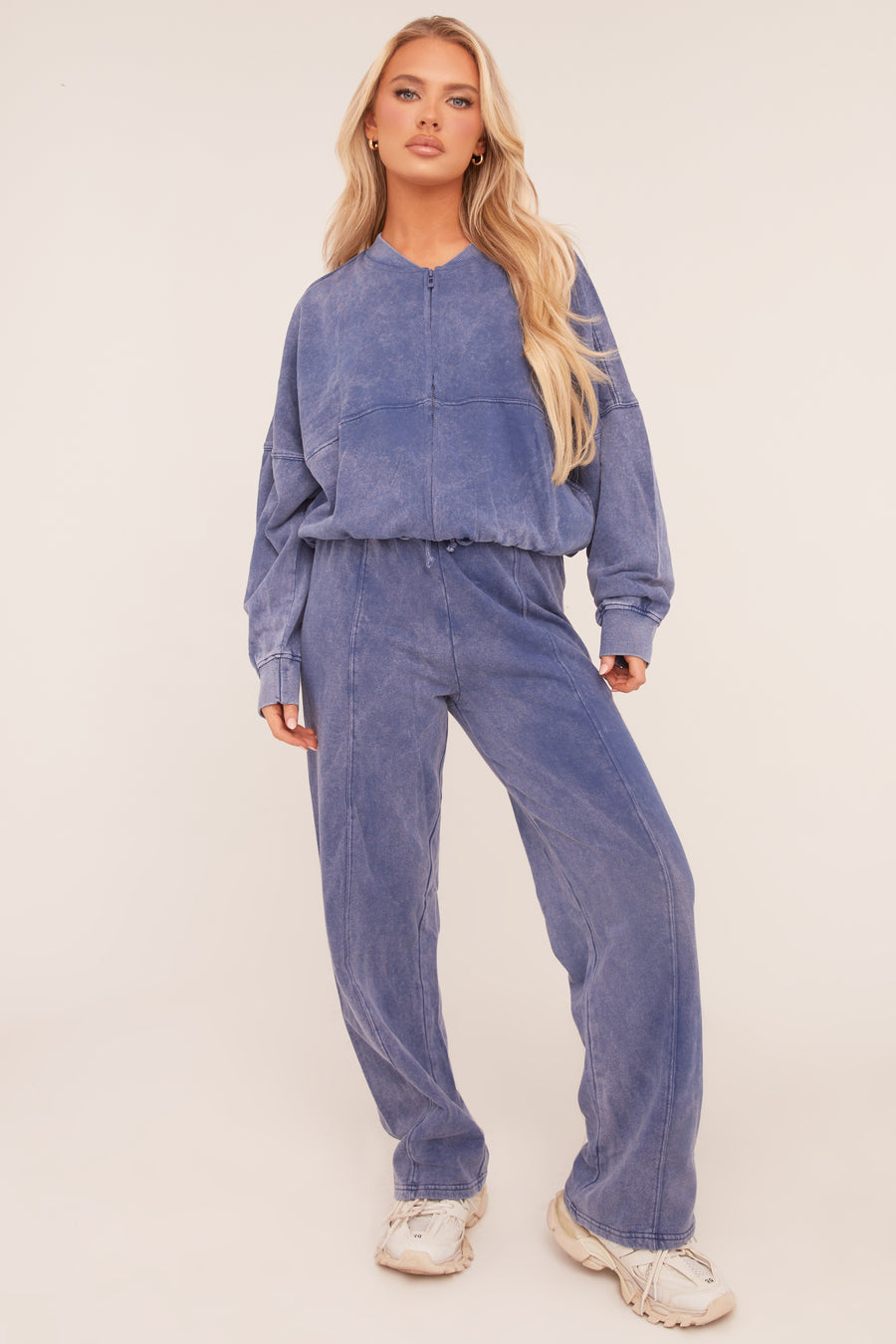 Blue Acid Wash Bomber and Wide Leg Jogger Loungewear Co-ord Set - Macay