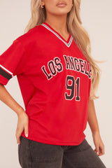 Red Oversized Varsity Football T-shirt - Austin