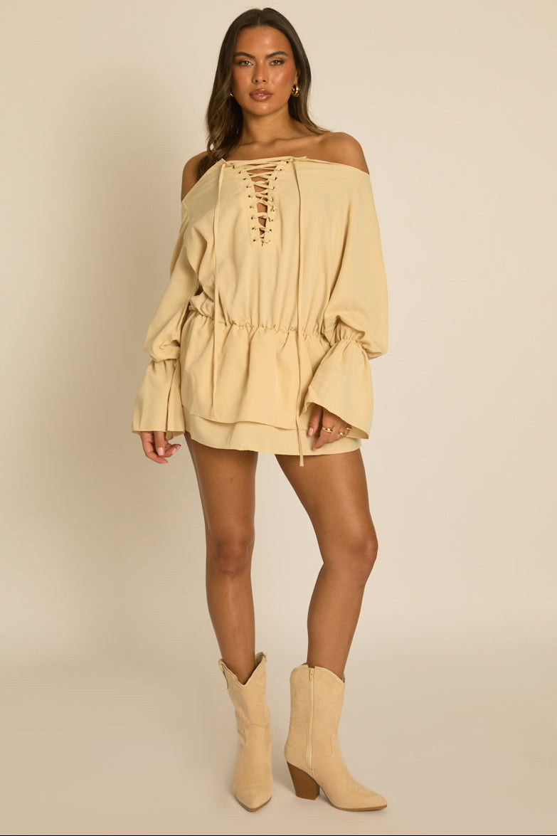 Beige Lace Front Bardot Mini Dress - Sinita