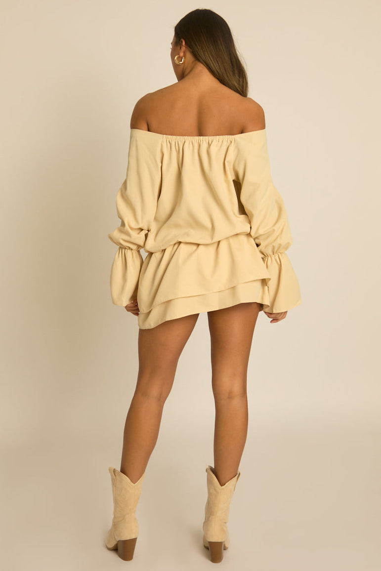 Beige Lace Front Bardot Mini Dress - Sinita